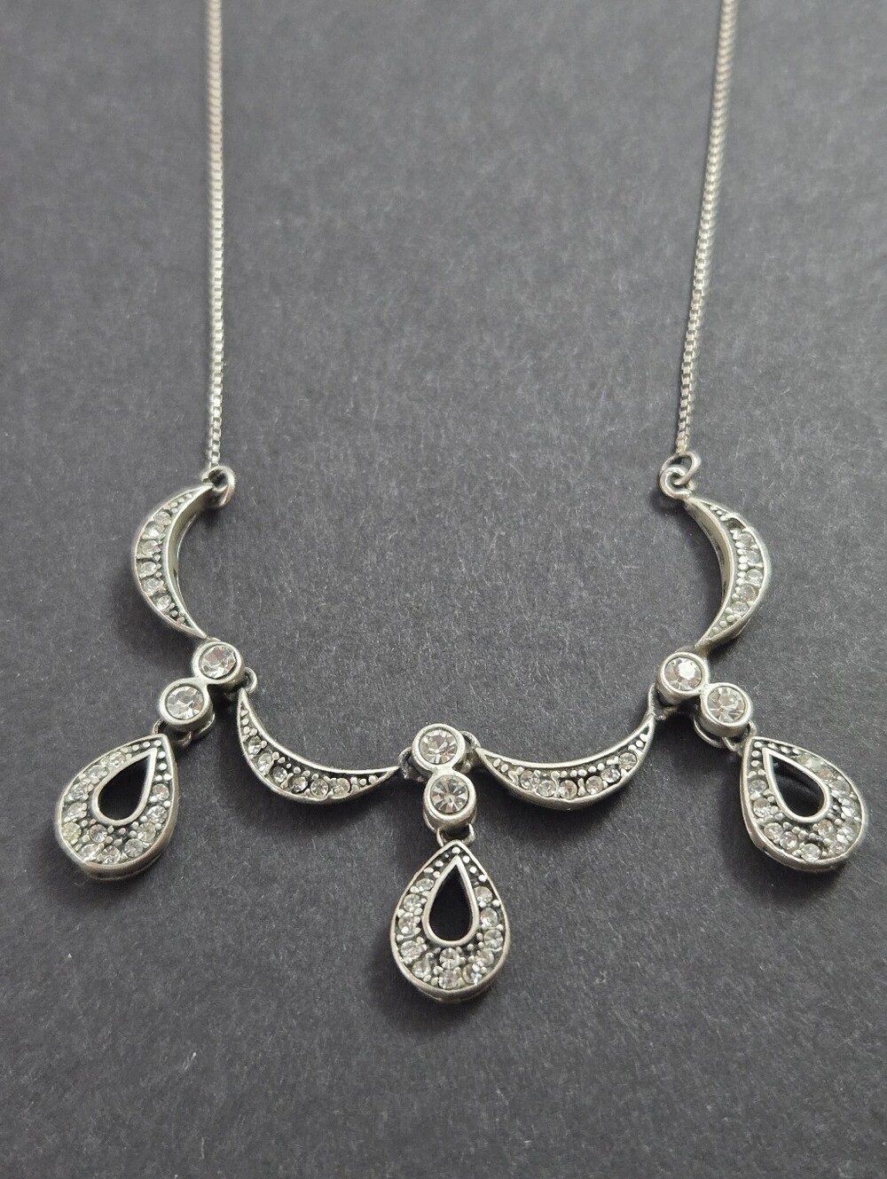 Vintage 925 Sterling Silver Rhinestone Crescent Festoon Dangle Drop Necklace